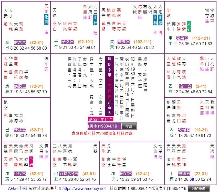 紫微斗数 命理排盘及详解说 一生一世网